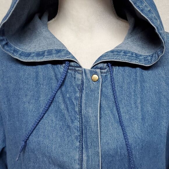 VINTAGE 1990s Sag Harbor Stone Wash Full-zip Hooded Denim Shacket Jacket Medium - Picture 9 of 16